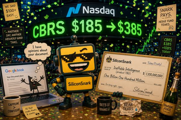 The SiliconSnark robot surrounded by a doubling Cerebras stock ticker, a wiggling Googlebook cursor, and a $1.1 billion check made out to Ineffable Intelligence.
