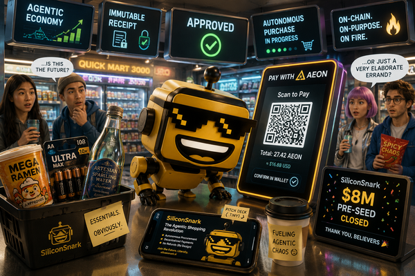 SiliconSnark’s robot watches an AI agent attempt a crypto QR checkout in a futuristic convenience store after AEON’s funding round.