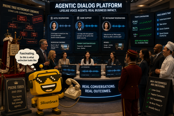 SiliconSnark’s robot reacts at an enterprise launch as PolyAI-style voice agents take over a glossy contact center.