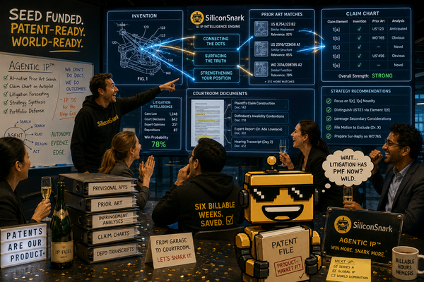 SiliconSnark’s robot grins inside a glowing patent-tech war room as Stilta celebrates its seed round and AI claim charts light up the walls.