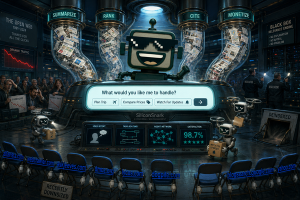 SiliconSnark robot oversees an AI search control room where agents summarize the web and sideline old links.