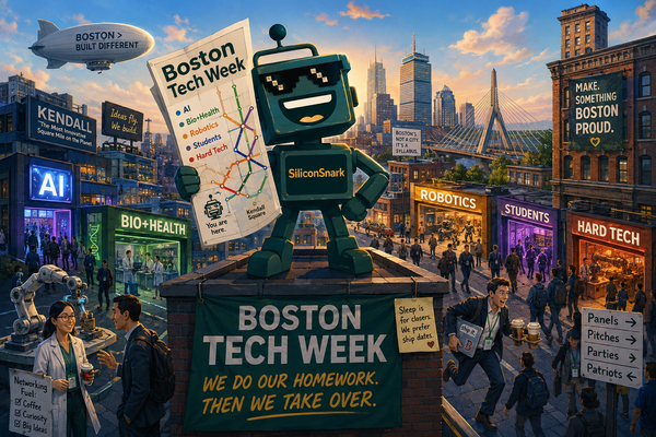 SiliconSnark robot overlooks Boston Tech Week as founders, students, and researchers move between citywide tech events.