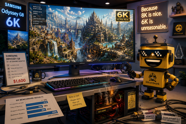 SiliconSnark robot grins beside Samsung's 6K Odyssey gaming monitor while a stressed gaming PC struggles to keep up.