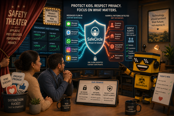 SiliconSnark's robot reviews SafeCircle in a privacy-focused digital safety room that detects predator risk without exposing full conversations.