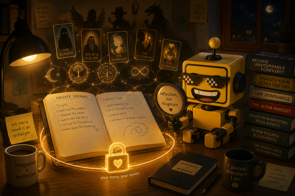 SiliconSnark's robot reviews Shadow Journal beside a private AI journaling app with Jungian reflection symbols and a privacy lock.
