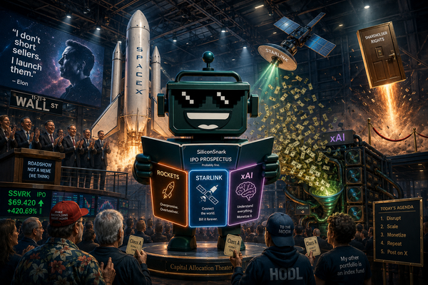 SiliconSnark robot holds a SpaceX IPO prospectus as Wall Street, satellites, rockets, and AI servers collide on one stage.