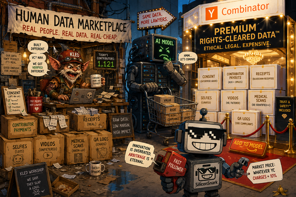 A scrappy data marketplace workshop sits beside a glossy lookalike startup booth while an AI model shops between them.