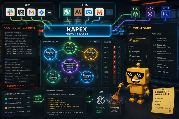 SiliconSnark's robot reviews KAPEX in an AI infrastructure room where salience-scored memory sits between apps and LLMs.