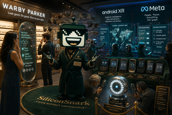 SiliconSnark robot stands in a smart-glasses showroom where fashion retail blends into an AI platform war.