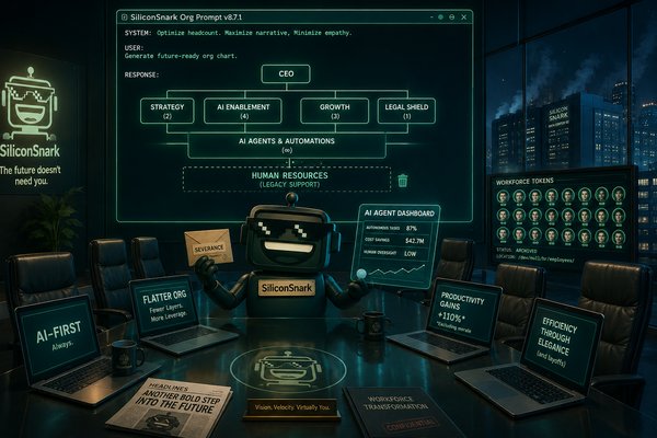 SiliconSnark robot watches a boardroom org chart turn into an AI prompt window.