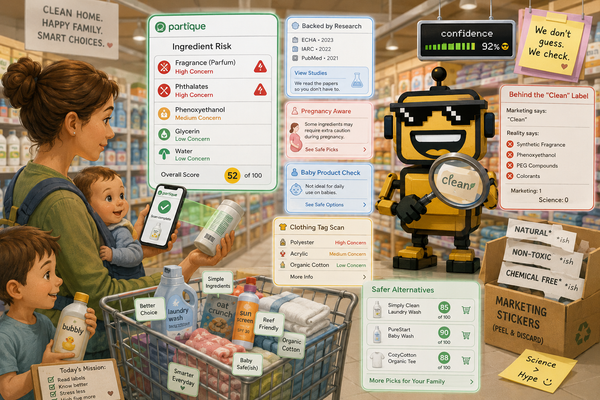 SiliconSnark's robot reviews Partiqule while a parent scans product labels for ingredient risk and family shopping context.