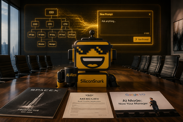 SiliconSnark robot sits alone in an empty boardroom as an org chart transforms into an AI prompt window, surrounded by tech headlines from the week.