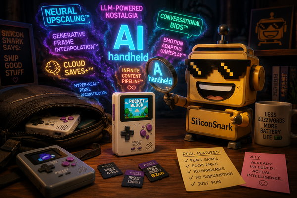 SiliconSnark’s robot inspects a tiny retro gaming handheld while oversized AI marketing graphics hover around it.