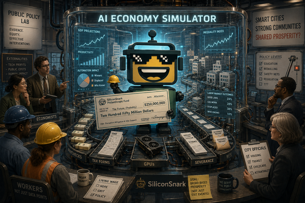 SiliconSnark holds a check in front of an AI economy simulator sign