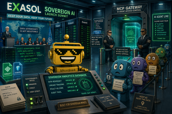 SiliconSnark robot inspects a sovereign AI database bunker while nervous AI agents wait at a gated MCP checkpoint.