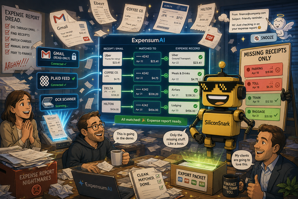 SiliconSnark's robot reviews ExpensumAI as receipts from Gmail are matched to card charges and missing expense records are flagged.