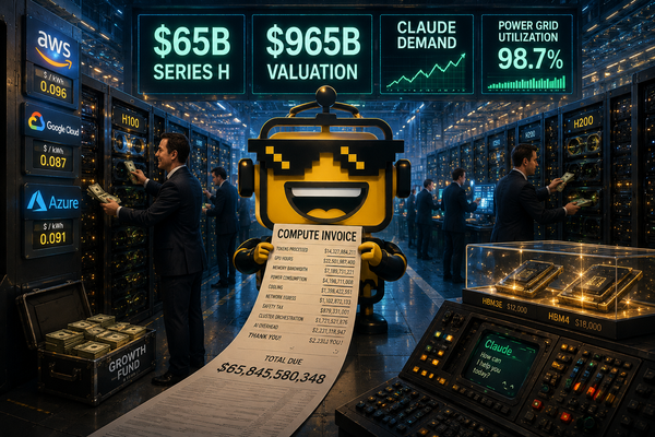 SiliconSnark robot holds a huge compute invoice inside a data center after Anthropic's $65B Series H