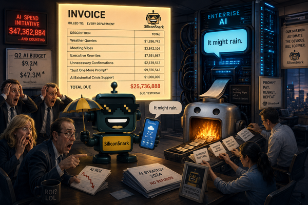  SiliconSnark robot points to a weather app while executives panic over an oversized enterprise AI invoice.