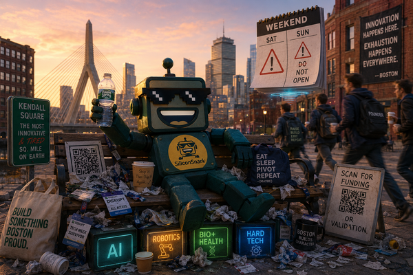 SiliconSnark robot rests in Boston after Tech Week with badges, coffee cups, and weekend events still looming.