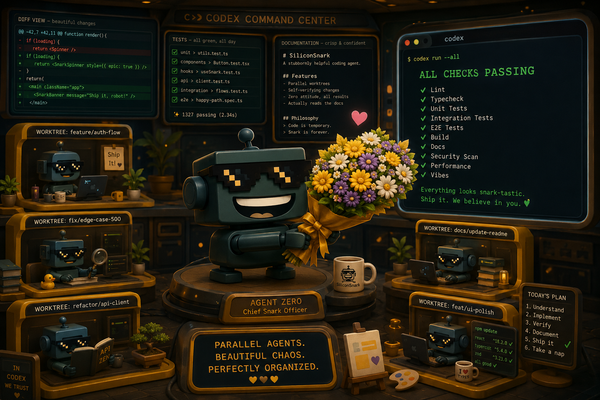 SiliconSnark's robot gives flowers to a Codex terminal showing passing tests and parallel coding tasks.