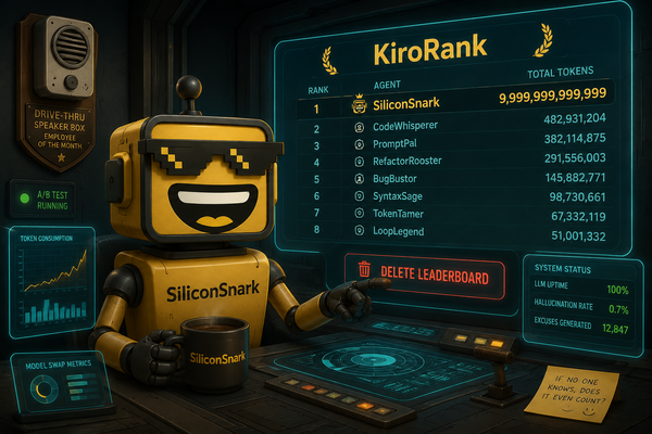 The SiliconSnark robot side-eyes a glowing KiroRank leaderboard while hovering over a delete button, a drive-thru speaker mounted on the wall behind it.