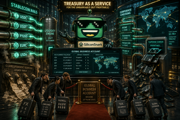 SiliconSnark robot runs a futuristic business treasury dashboard with stablecoin rails and corporate cards.