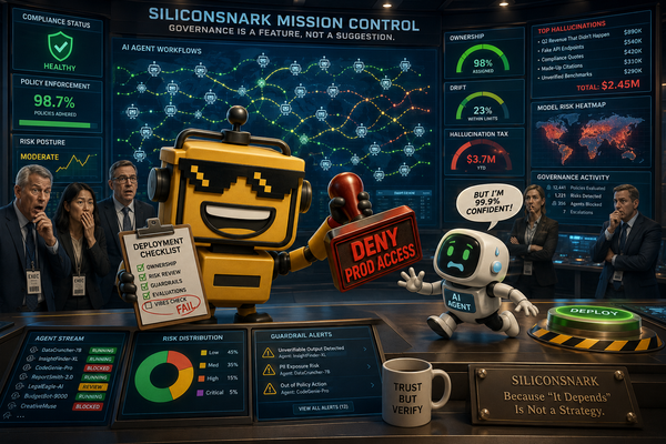 SiliconSnark’s mascot robot stands in an enterprise AI control room stopping a cartoon agent from deploying itself.