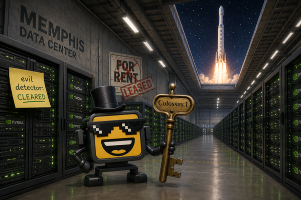 The SiliconSnark robot stands in a massive GPU-filled data center wearing a landlord hat and holding a “Colossus 1” key