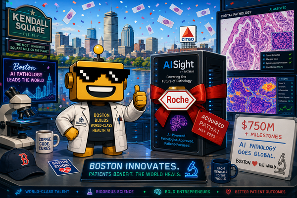 SiliconSnark's robot celebrates Roche acquiring Boston-based PathAI in a futuristic digital pathology lab overlooking Boston.