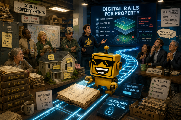 SiliconSnark’s robot watches a startup turn chaotic county property records into a glowing digital rail system.