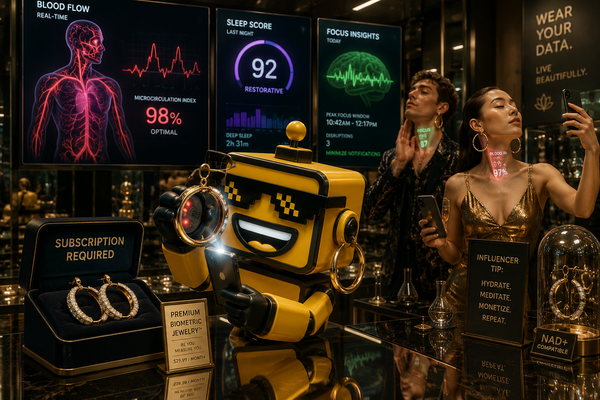 SiliconSnark’s robot inspects Lumia’s smart earrings at a glossy launch event where jewelry displays double as health dashboards.
