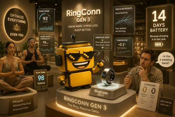 SiliconSnark robot reacts to the RingConn Gen 3 smart ring in a glossy wellness-tech store filled with floating health graphics.