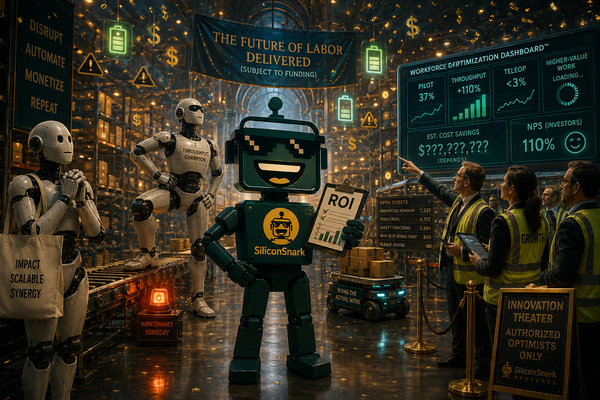SiliconSnark robot stands in a warehouse among humanoid robots, managers, and automation dashboards.