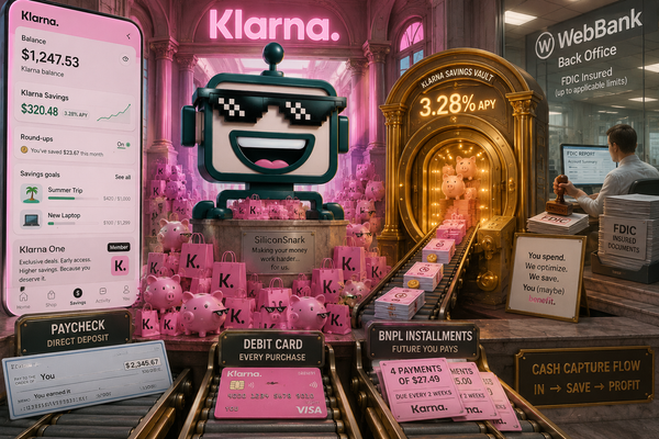 SiliconSnark robot in a Klarna-themed vault where shopping, savings, and paycheck flows merge into one app.