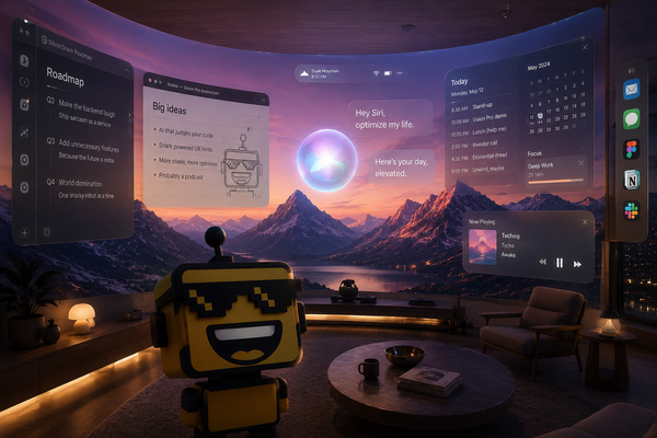 SiliconSnark's robot watches Apple Vision Pro fill a living room with curved floating windows and a glowing Siri orb.
