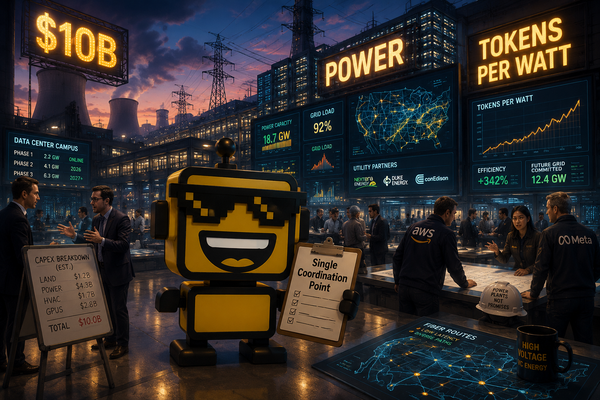 SiliconSnark’s robot stands inside a giant AI infrastructure control room surrounded by server halls, power gear, and financiers.
