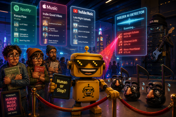 SiliconSnark's robot watches Deezer scan music playlists for AI-generated songs across streaming apps.