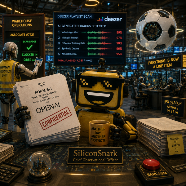 SiliconSnark robot holds an OpenAI S-1 filing at a trading desk while a warehouse robot clocks in, a Deezer AI scan runs in the background, and a chipped soccer ball hovers nearby.