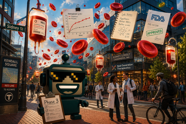 SiliconSnark robot outside a Cambridge biotech building with floating red blood cells and clinical charts.