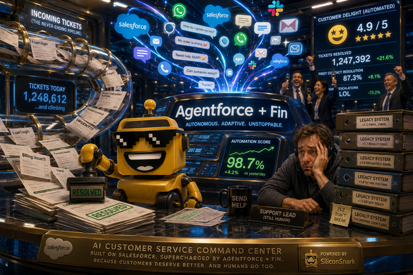 SiliconSnark’s robot supervises an AI support center where Salesforce and Fin merge into a ticket-resolving enterprise machine.