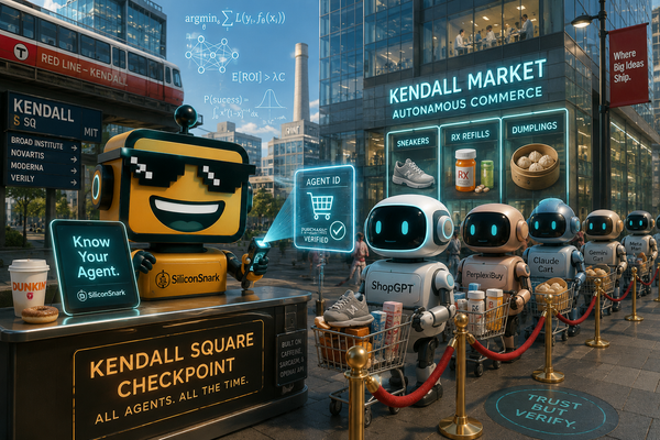 SiliconSnark robot checks AI agent credentials at a futuristic Kendall Square shopping gateway.