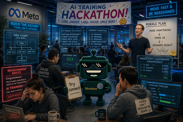 SiliconSnark robot watches engineers surrounded by AI monitoring tools and chaotic Meta org charts.