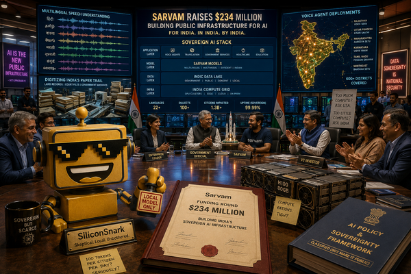 SiliconSnark robot watches Sarvam’s sovereign AI command center celebrate a giant funding round in Bengaluru.