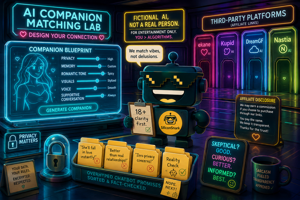 SiliconSnark's robot reviews MyVibeCompanion beside an AI companion blueprint builder with privacy and affiliate disclosures.
