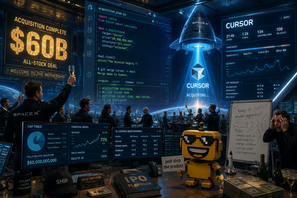 SiliconSnark's robot watches SpaceX absorb Cursor in a giant, theatrical AI coding deal.
