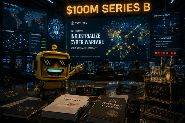 SiliconSnark's robot reacts inside a cyberwar command center where Twenty's $100 million funding round meets startup theater and military software.