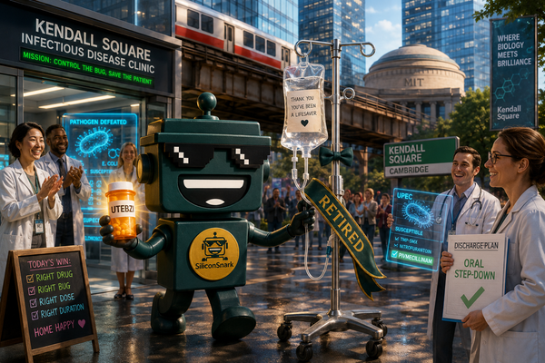 SiliconSnark robot escorts an IV pole out of a futuristic Kendall Square clinic after Spero's oral antibiotic approval.