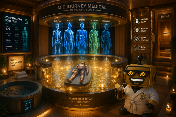 SiliconSnark robot watches a Midjourney-style full-body ultrasound scanner operate inside a futuristic health spa.