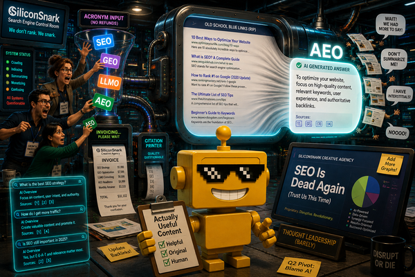 SiliconSnark robot watches marketers feed SEO acronyms into a glowing AI answer engine.