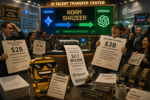 SiliconSnark’s robot watches a giant transfer board announce Noam Shazeer’s move from Google Gemini to OpenAI.